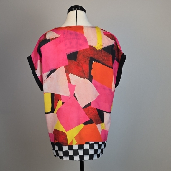 NESS Abstract Geometric Print Blouse Pink Orange Yellow Black White Women’s Size - Picture 5 of 8